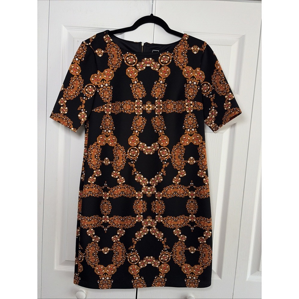 RMLL Jewel Print Shift Dress Womens Size 12 Black Gold Scuba Knit Short Sleeve